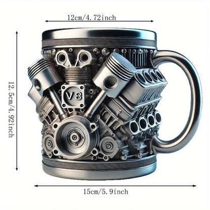 V8 Engines Stainless Steel 7 OZ Insulated Handle Coffee Mug - Creative Automotive Engine Design
