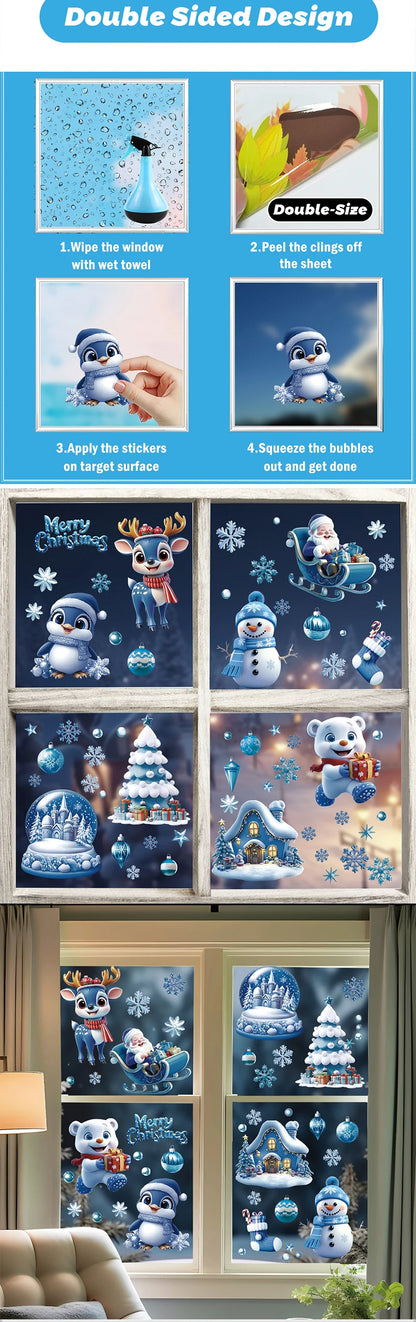 Christmas Window Stickers Blue Theme - Static Cling Snowman Snowflake Decals for Glass Doors, Shop Displays & Home Decor