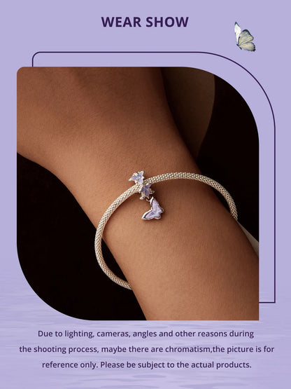 Bamoer 100% 925 Sterling Silver Romantic Crystal Butterfly Iris Charm For Women Fit Bracelet DIY Necklace Fine Jewelry Gift