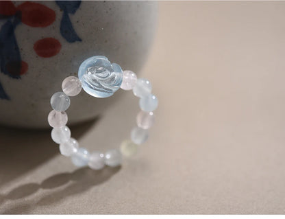 Lotus Fun Natural Stone Aquamarine Crystal Round Beads Rose Flower Extendable Rings for Women High Quality Wedding Fine Jewelry