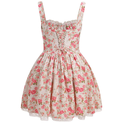 Women Floral Print Mini Dress Sexy Lace Patchwork Suspender Tie Up Corsets Bodycon Short Dresses Summer Boho French Vestidos