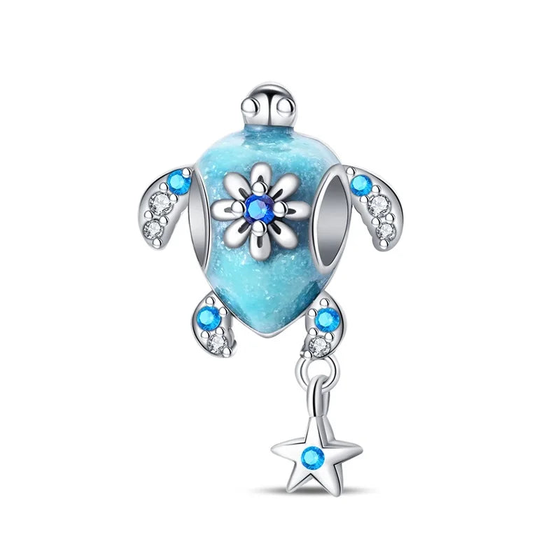 Blue Series 925 Sterling Silver Turtle,Whale & Seahorse Dangle Charm Fits Bracelet Kids Ocean Jewelry Accessories
