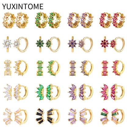 Luxury 925 Sterling Silver Ear Needle Flower Colorful Crystal Gold Earring For Women Hoop Earrings Trend Jewelry  Accessories