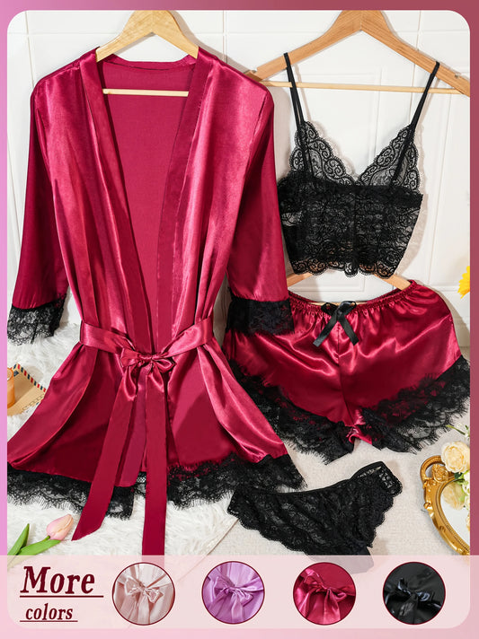4Pcs Women Satin Pajama Set Robe Lace Lingerie Sexy Silk Nightwear