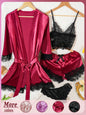 4Pcs Women Satin Pajama Set Robe Lace Lingerie Sexy Silk Nightwear