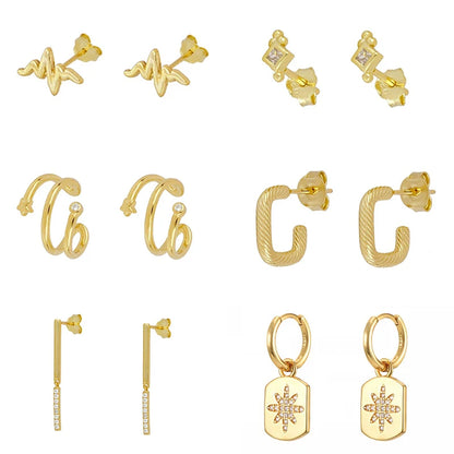 JINFU Gold Plated Earrings Set For Women Boho Style CZ Zircon Women's Clip Stud Dangle Hoop Earrings 2022 Jewelry Wholesale