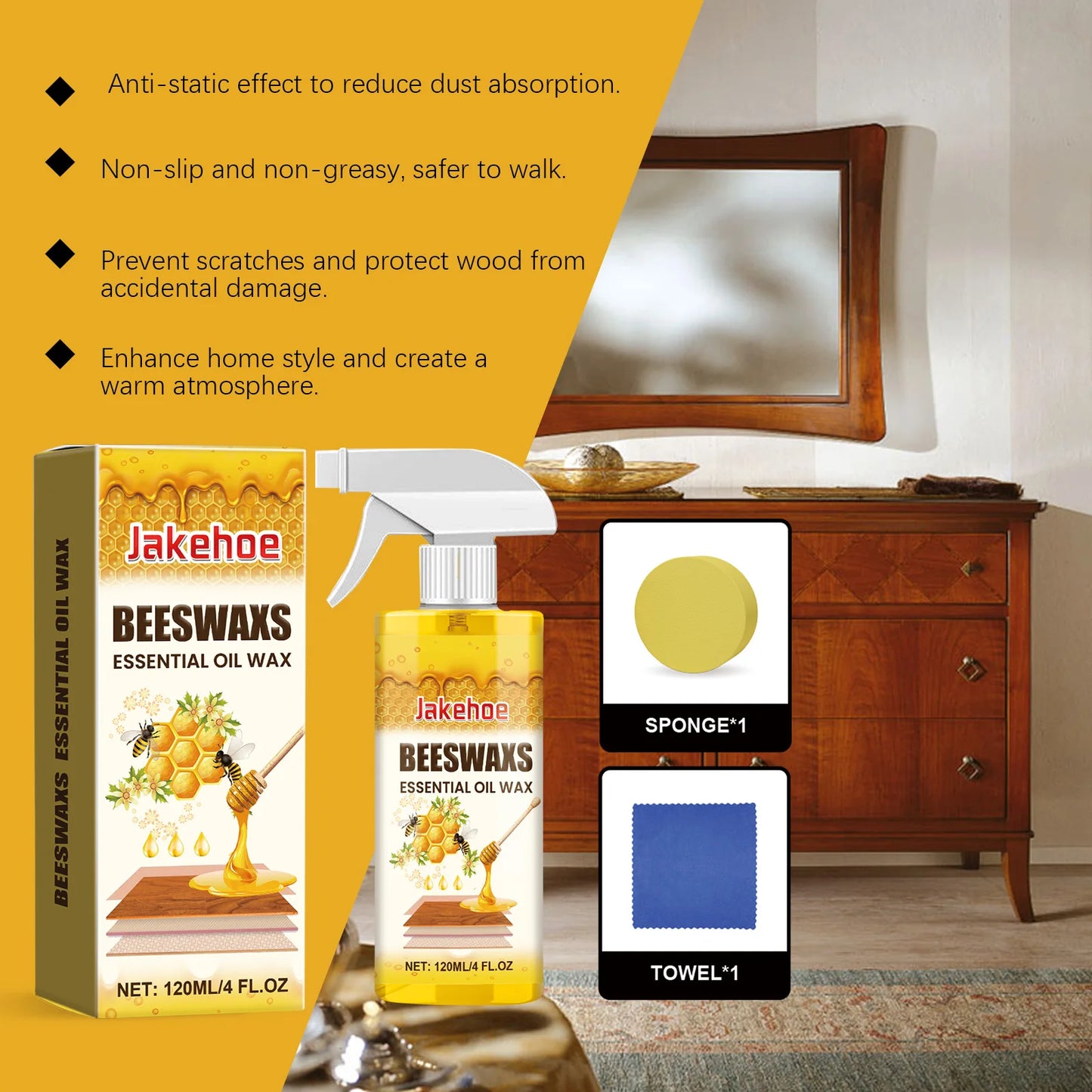 Jakehoe Beeswax Wood Polishing Spray Anti-cracked Nourishing Restoring Gloss Fresh Scent Maintainence Furniture Spray