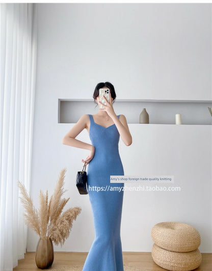 Autumn and Winter V-neck Slim-Fit Sleeveless Sling Fishtail Dress Sweater