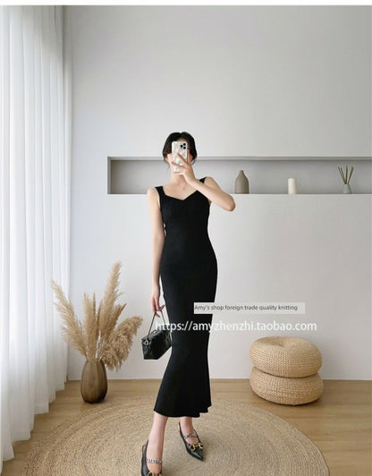 Autumn and Winter V-neck Slim-Fit Sleeveless Sling Fishtail Dress Sweater