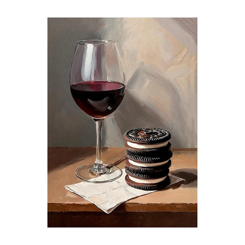 Funny Statement Piece Modern Still Life Poster Red Wine Pizza Crackers Art Print Food Wall Art Picture for Kitchen Home Decor