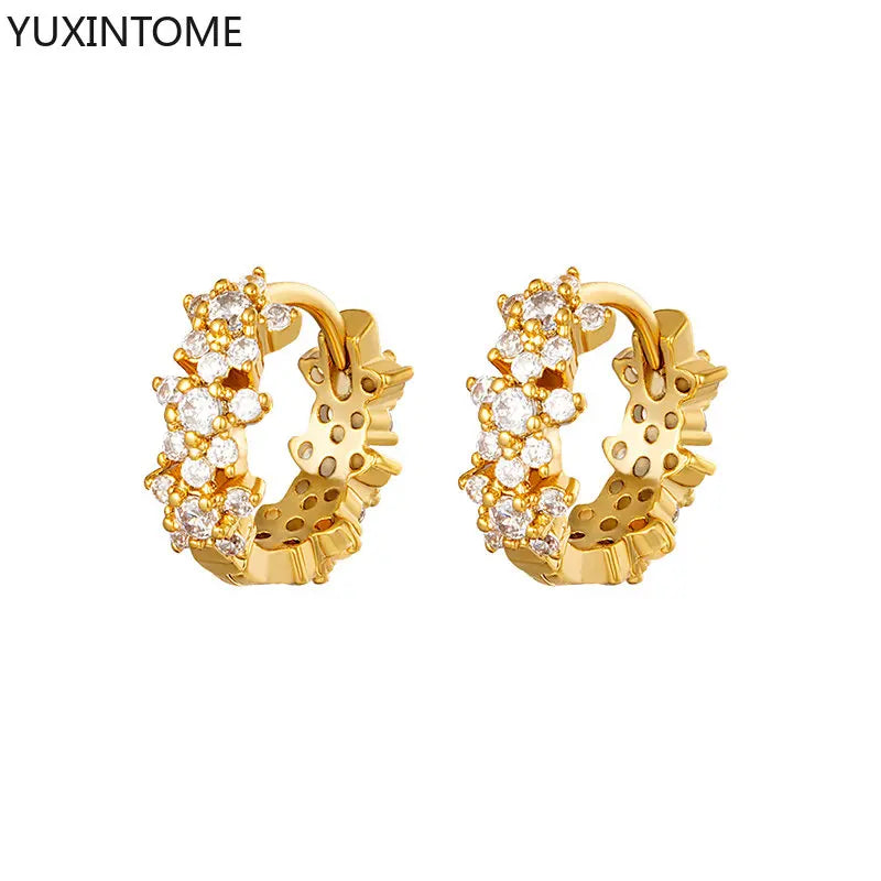 Luxury 925 Sterling Silver Ear Needle Flower Colorful Crystal Gold Earring For Women Hoop Earrings Trend Jewelry  Accessories