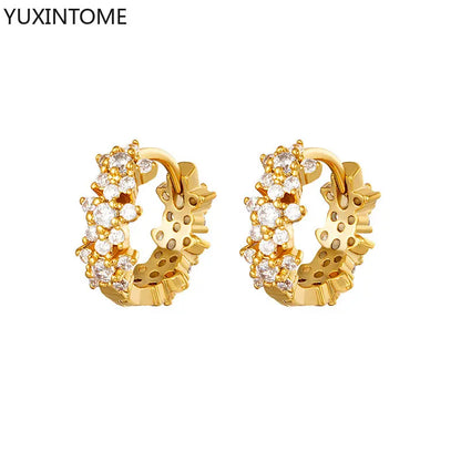 Luxury 925 Sterling Silver Ear Needle Flower Colorful Crystal Gold Earring For Women Hoop Earrings Trend Jewelry  Accessories