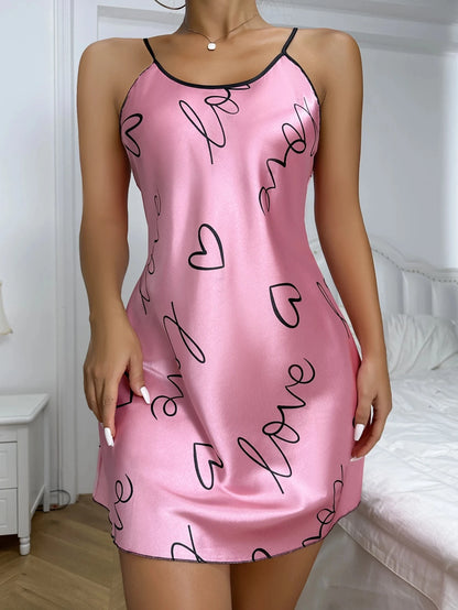 Heart Letter Print Spaghetti Strap Women's Sleepwear
