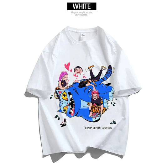 Cartoon Anime Film Kpop Demon Hunters Print T-shirt for Men Women Adult Clothes Summer Cotton Outdoor Wear Hip Hop Fashion Tops