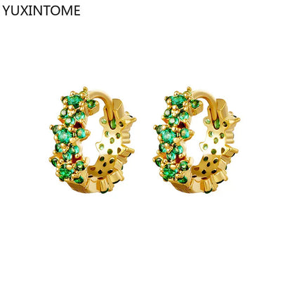 Luxury 925 Sterling Silver Ear Needle Flower Colorful Crystal Gold Earring For Women Hoop Earrings Trend Jewelry  Accessories