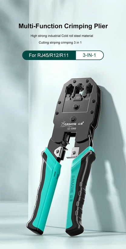 SAMZHE RJ45 Crimp Plier Pass Through Crimper Stripper Cutter for Cat7 Cat6 Cat5e 8P8C Modular Connector Ethernet Wire Tool