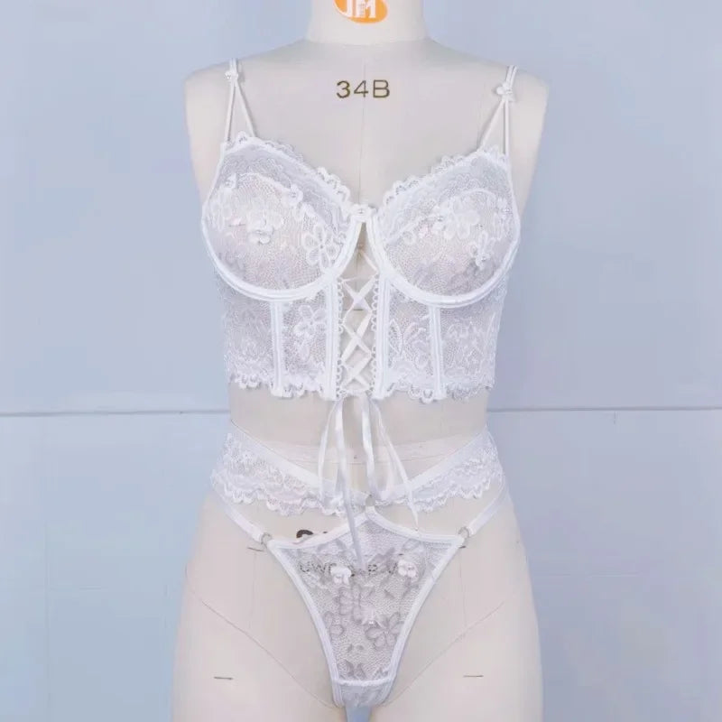 Sexy Beaded 3D Flower Hollow Out See-through Lace Up Underwear Set