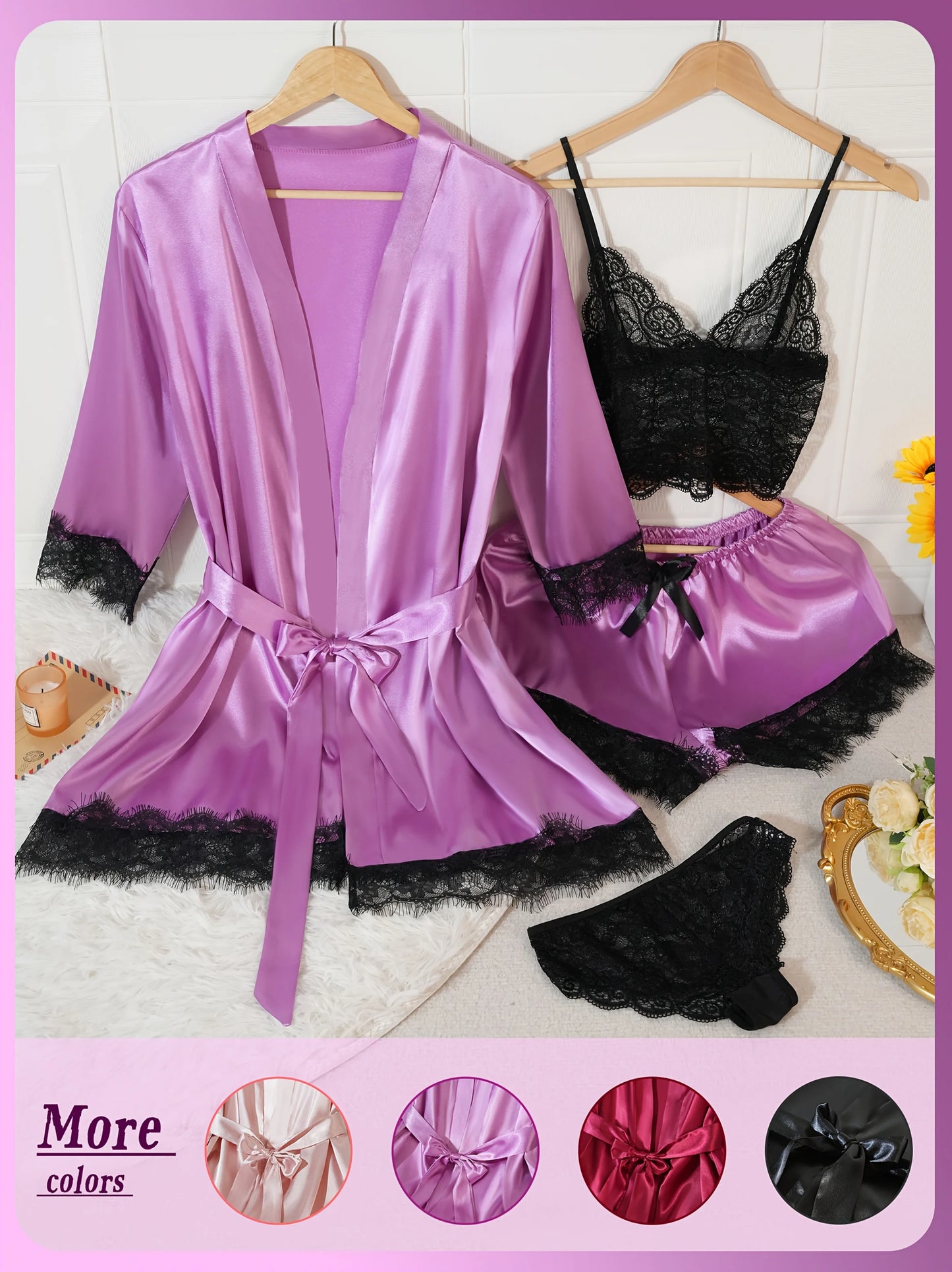 4Pcs Women Satin Pajama Set Robe Lace Lingerie Sexy Silk Nightwear