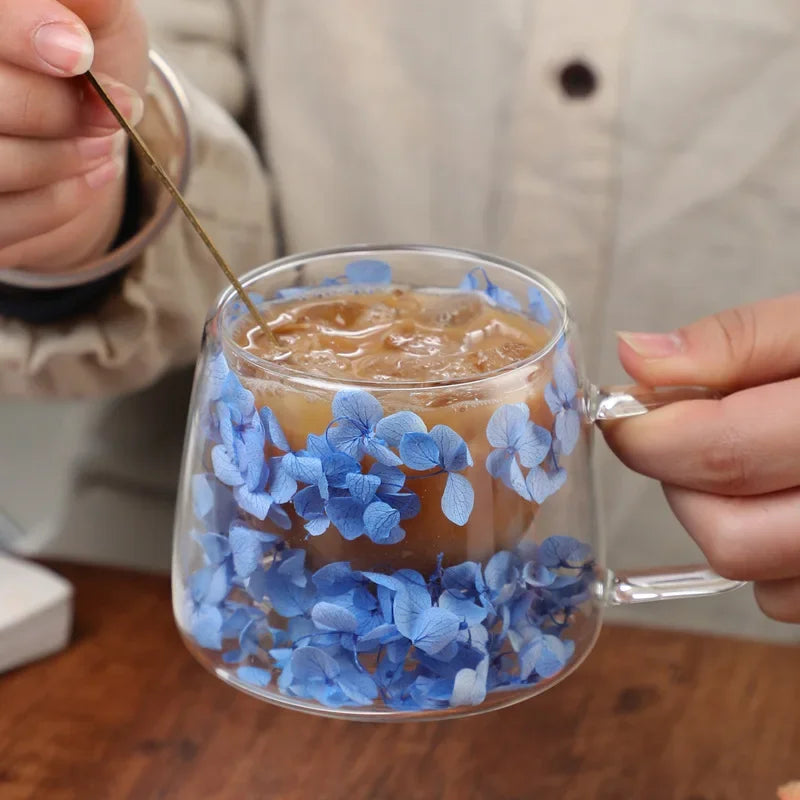 Double Wall Glass Cup 200ml Clear Flowers Pattern Milk Tea Coffee Mug with Handle Gifts Friends Home Water Cup Drinking Glasses