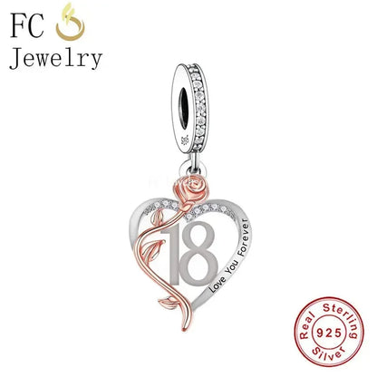 FC Jewelry Fit Original Charm Bracelet 925 Silver 18th 30th 40th Birthday Number Rose Flower Bead For Making Daughter Berloque