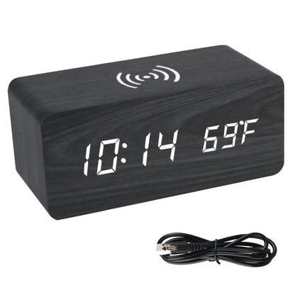 Wooden Desk Digital Clock Phone Chargers LED Display Temperature Wooden Digital Alarm Clock Wireless Charger Desk Table Clocks