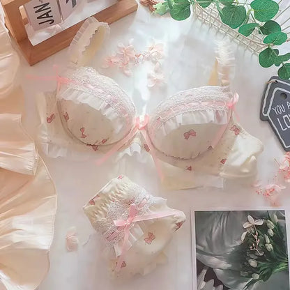Lolita Women's Bra Set Small Breasts Gathering Up Bra Adjustable Collecting Vice Breasts No Steel Ring Bra Set