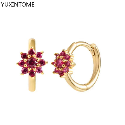 Luxury 925 Sterling Silver Ear Needle Flower Colorful Crystal Gold Earring For Women Hoop Earrings Trend Jewelry  Accessories