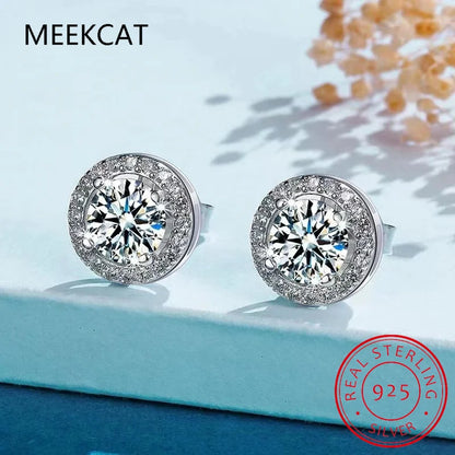 Zircon Moissanite Diamond Stud Earrings for Women Real 925 Sterling Silver Round Halo Earrings Luxury Wedding Fine Jewelry