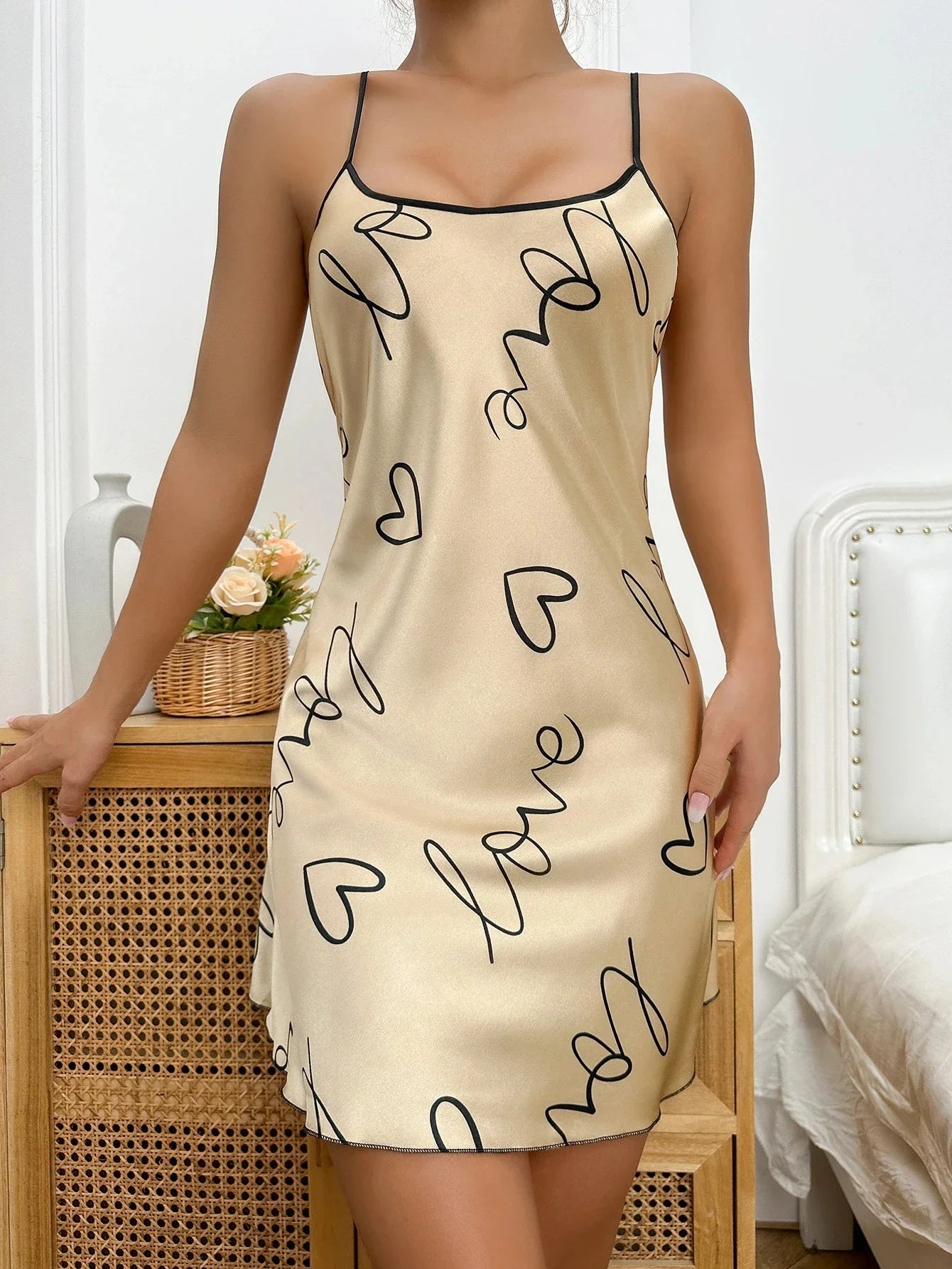Heart Letter Print Spaghetti Strap Women's Sleepwear