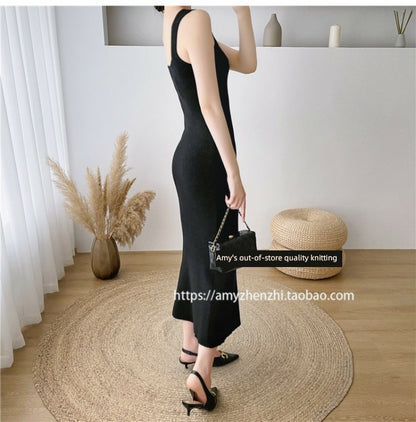 Autumn and Winter V-neck Slim-Fit Sleeveless Sling Fishtail Dress Sweater