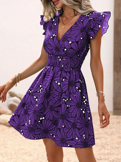 V-Neck Printed Women's Mini Dress