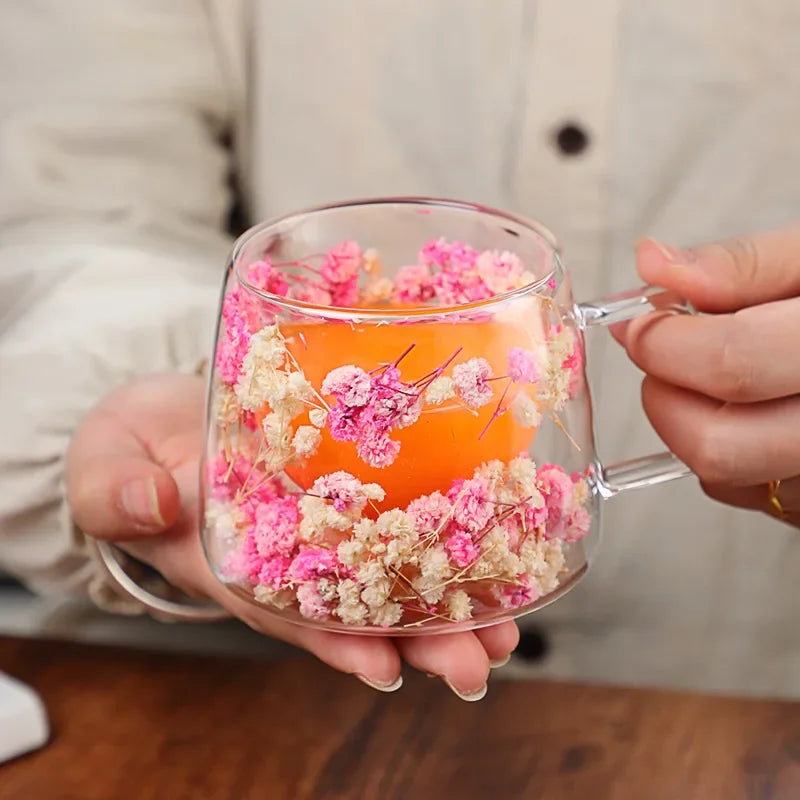 Double Wall Glass Cup 200ml Clear Flowers Pattern Milk Tea Coffee Mug with Handle Gifts Friends Home Water Cup Drinking Glasses