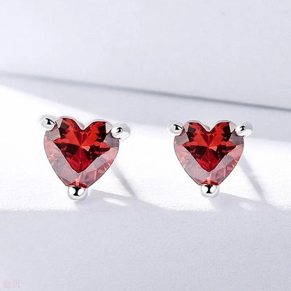 Buyee 925 Sterling Silver Small Stud Earring Light RED CRYSTAL Simple Heart Earring for Woman Fashion Party Fine Jewelry Earring