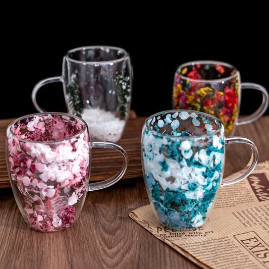 4 pieces of aesthetic dried flower double-layer glass coffee cups, cute tea cups with handles, heat-resistant and durable