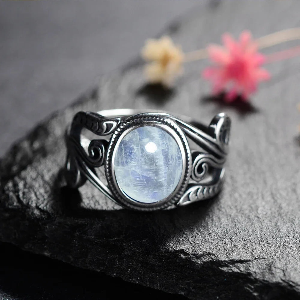 Natural 8x10MM Rose Quartz  Rings Vintage S925 Silver Finger Ring for Women Gift Luxury Rhodochrosite Stone Jewelry