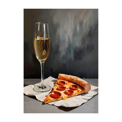 Funny Statement Piece Modern Still Life Poster Red Wine Pizza Crackers Art Print Food Wall Art Picture for Kitchen Home Decor