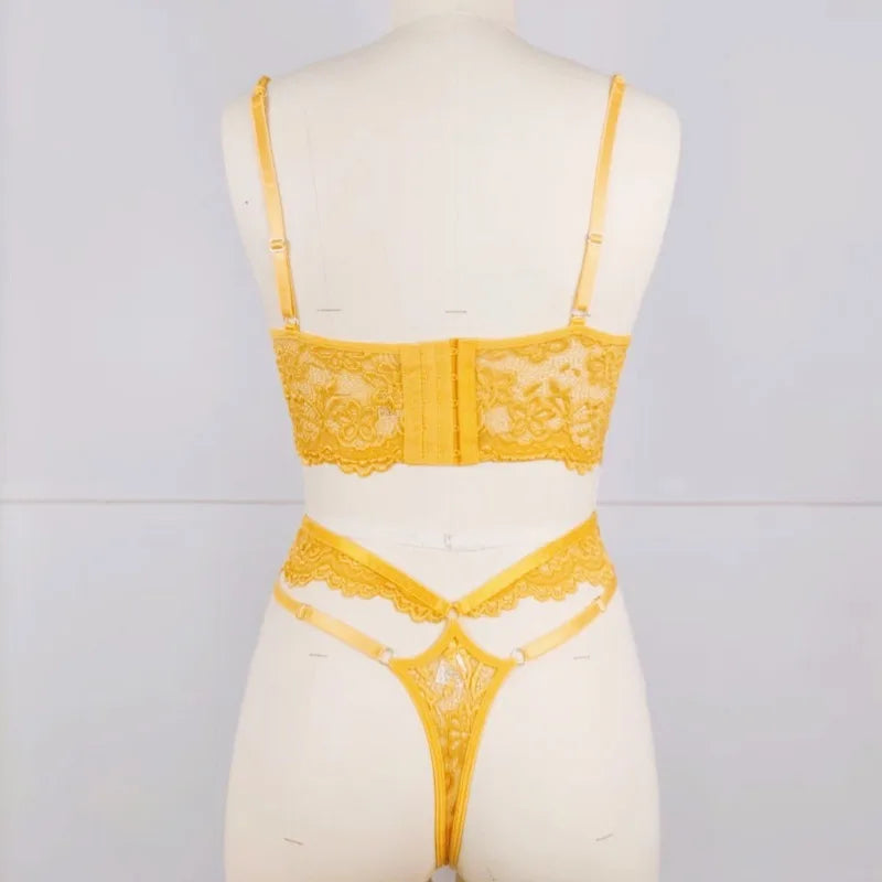 Sexy Beaded 3D Flower Hollow Out See-through Lace Up Underwear Set