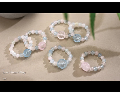 Lotus Fun Natural Stone Aquamarine Crystal Round Beads Rose Flower Extendable Rings for Women High Quality Wedding Fine Jewelry