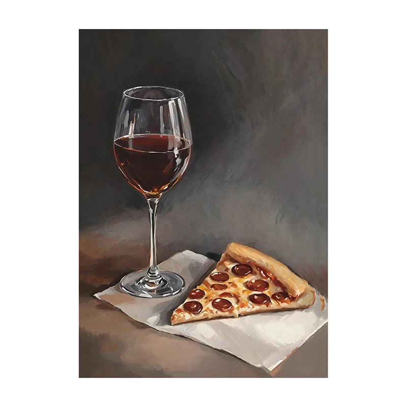 Funny Statement Piece Modern Still Life Poster Red Wine Pizza Crackers Art Print Food Wall Art Picture for Kitchen Home Decor