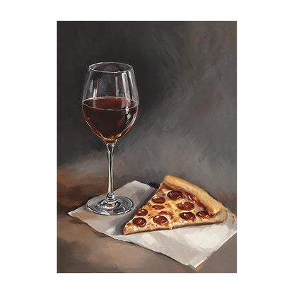 Funny Statement Piece Modern Still Life Poster Red Wine Pizza Crackers Art Print Food Wall Art Picture for Kitchen Home Decor