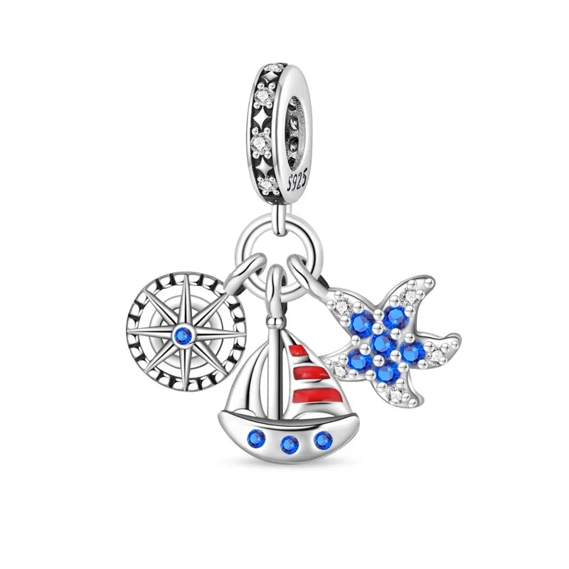 Blue Series 925 Sterling Silver Turtle,Whale & Seahorse Dangle Charm Fits Bracelet Kids Ocean Jewelry Accessories