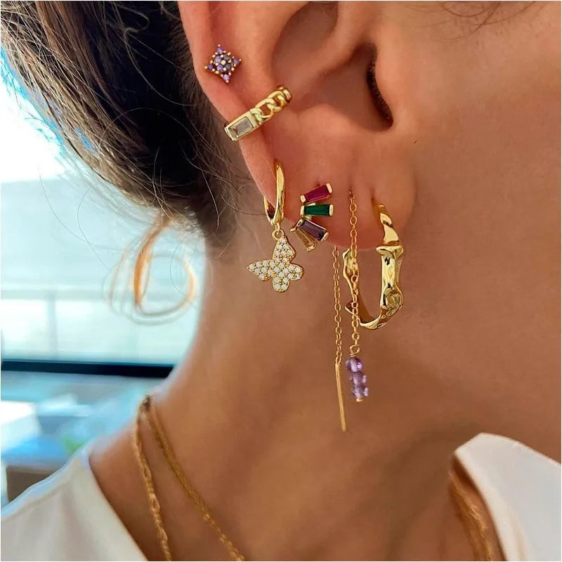 Luxury 925 Sterling Silver Ear Needle Flower Colorful Crystal Gold Earring For Women Hoop Earrings Trend Jewelry  Accessories