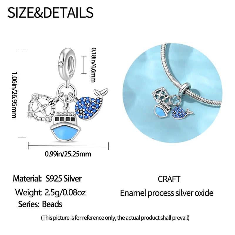Blue Series 925 Sterling Silver Turtle,Whale & Seahorse Dangle Charm Fits Bracelet Kids Ocean Jewelry Accessories