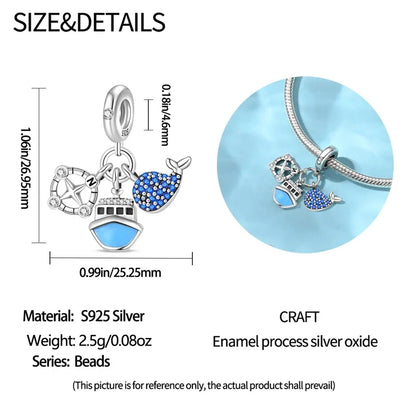 Blue Series 925 Sterling Silver Turtle,Whale & Seahorse Dangle Charm Fits Bracelet Kids Ocean Jewelry Accessories