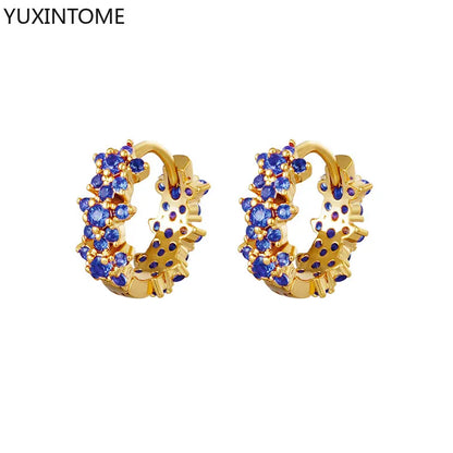 Luxury 925 Sterling Silver Ear Needle Flower Colorful Crystal Gold Earring For Women Hoop Earrings Trend Jewelry  Accessories