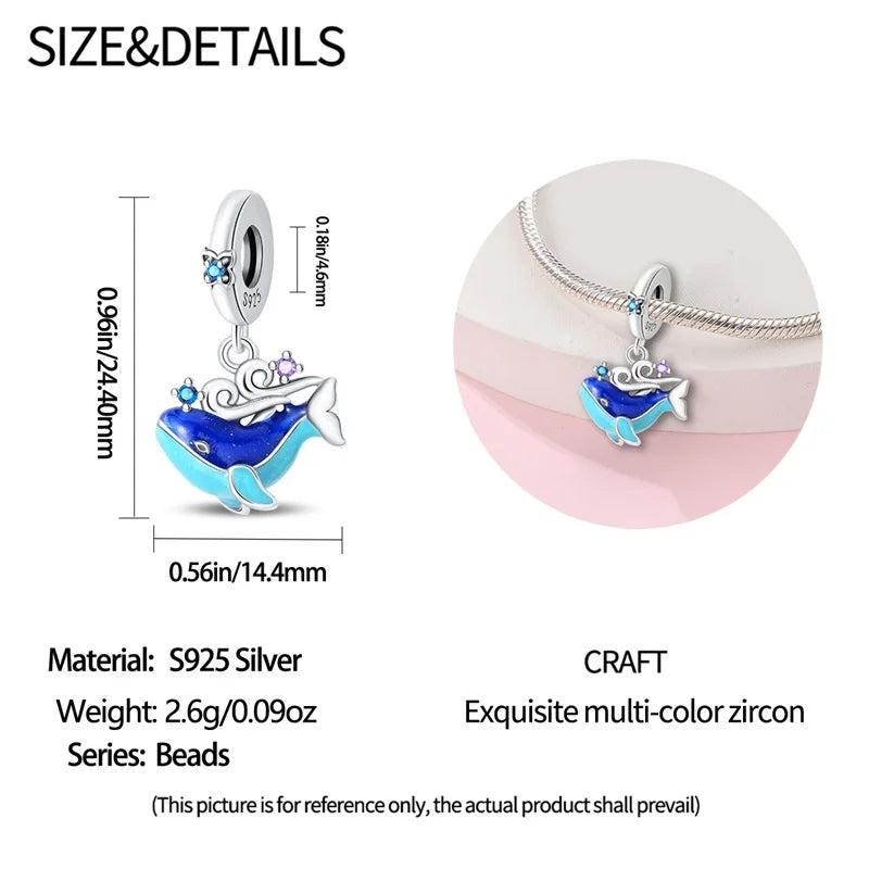Blue Series 925 Sterling Silver Turtle,Whale & Seahorse Dangle Charm Fits Bracelet Kids Ocean Jewelry Accessories