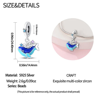 Blue Series 925 Sterling Silver Turtle,Whale & Seahorse Dangle Charm Fits Bracelet Kids Ocean Jewelry Accessories