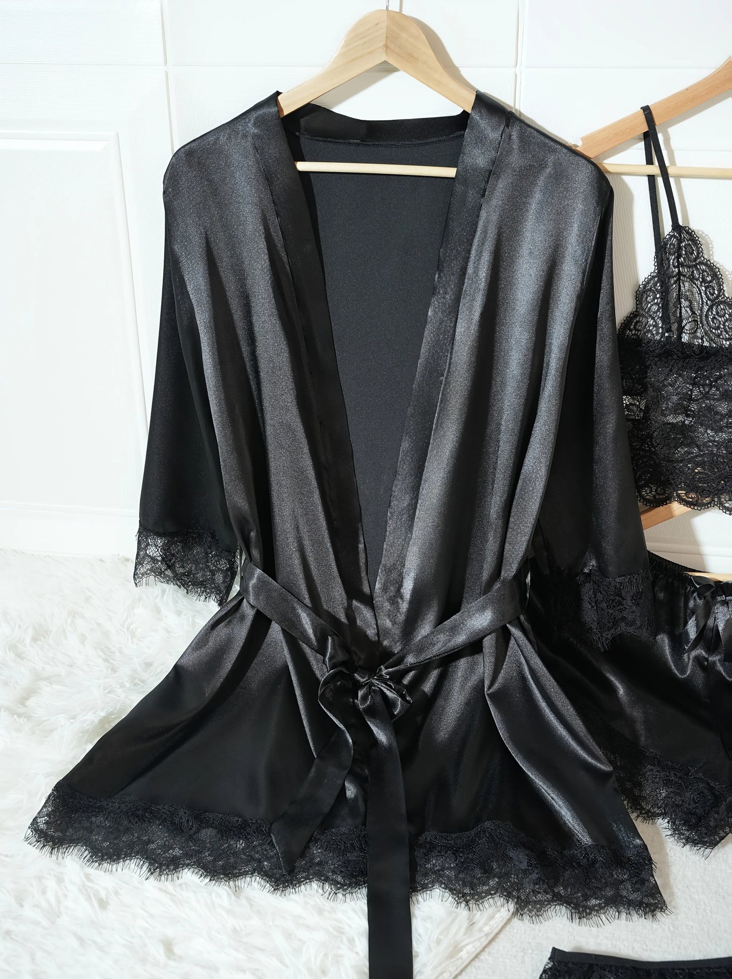 4Pcs Women Satin Pajama Set Robe Lace Lingerie Sexy Silk Nightwear