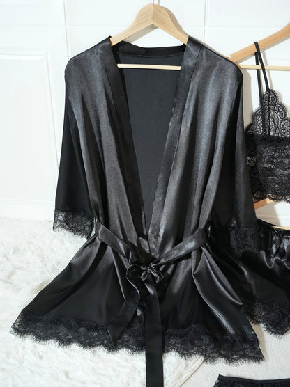 4Pcs Women Satin Pajama Set Robe Lace Lingerie Sexy Silk Nightwear