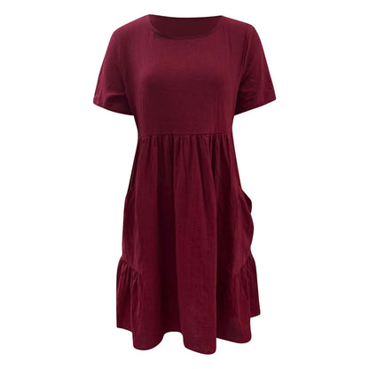 Evening Dresses Outfits Women Fashion Solid Vintage Cotton And Linen Loose Pocket Round Neck Short Sleeve